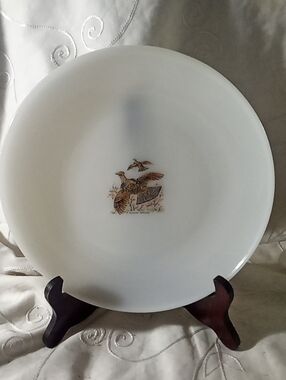 White Wildlife Dinner Plate Oven Proof Fire King with Game Bird Motif